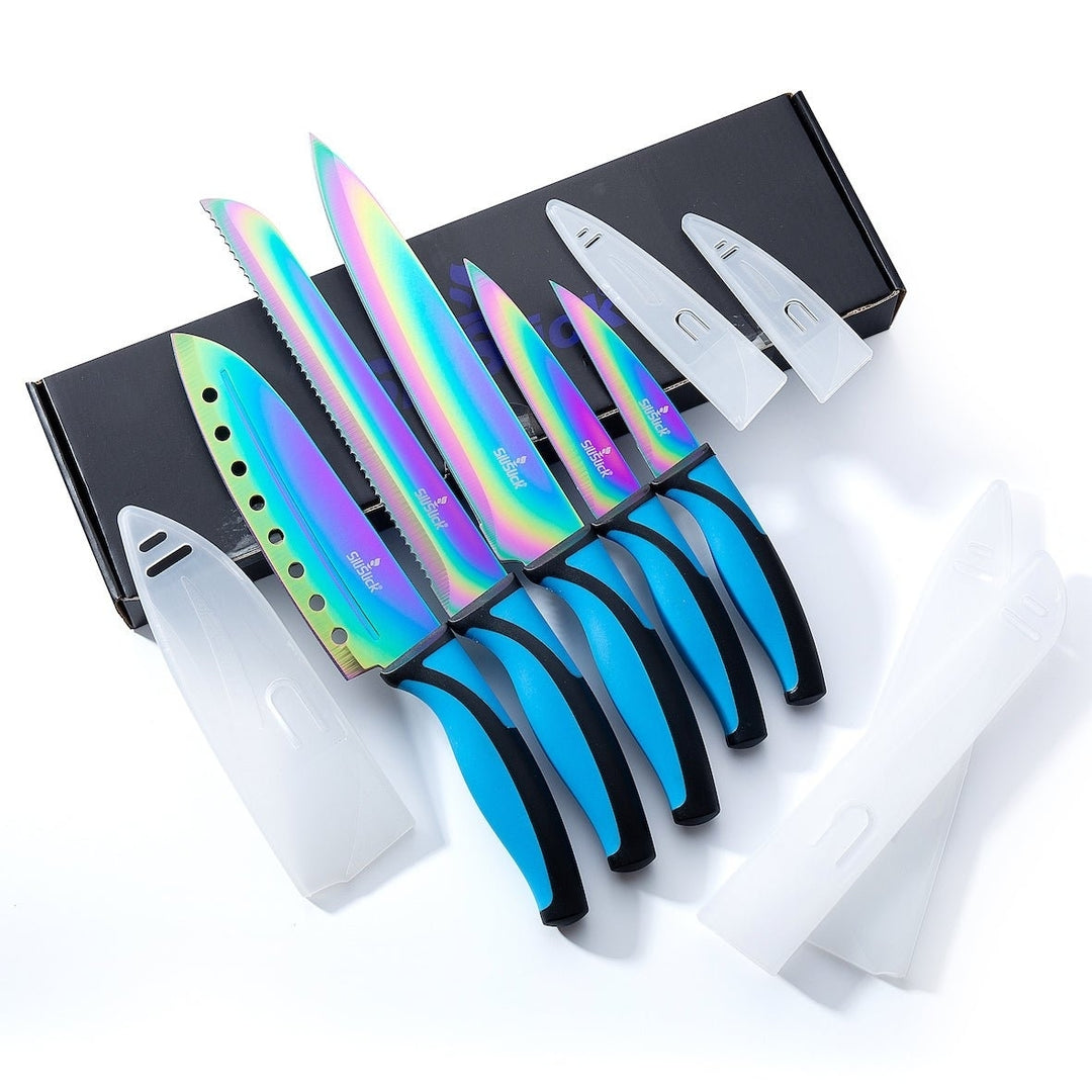 SiliSlick Stainless Steel Knife Set Blue Handle Titanium Coated 5 Knives and Sharpener Image 9