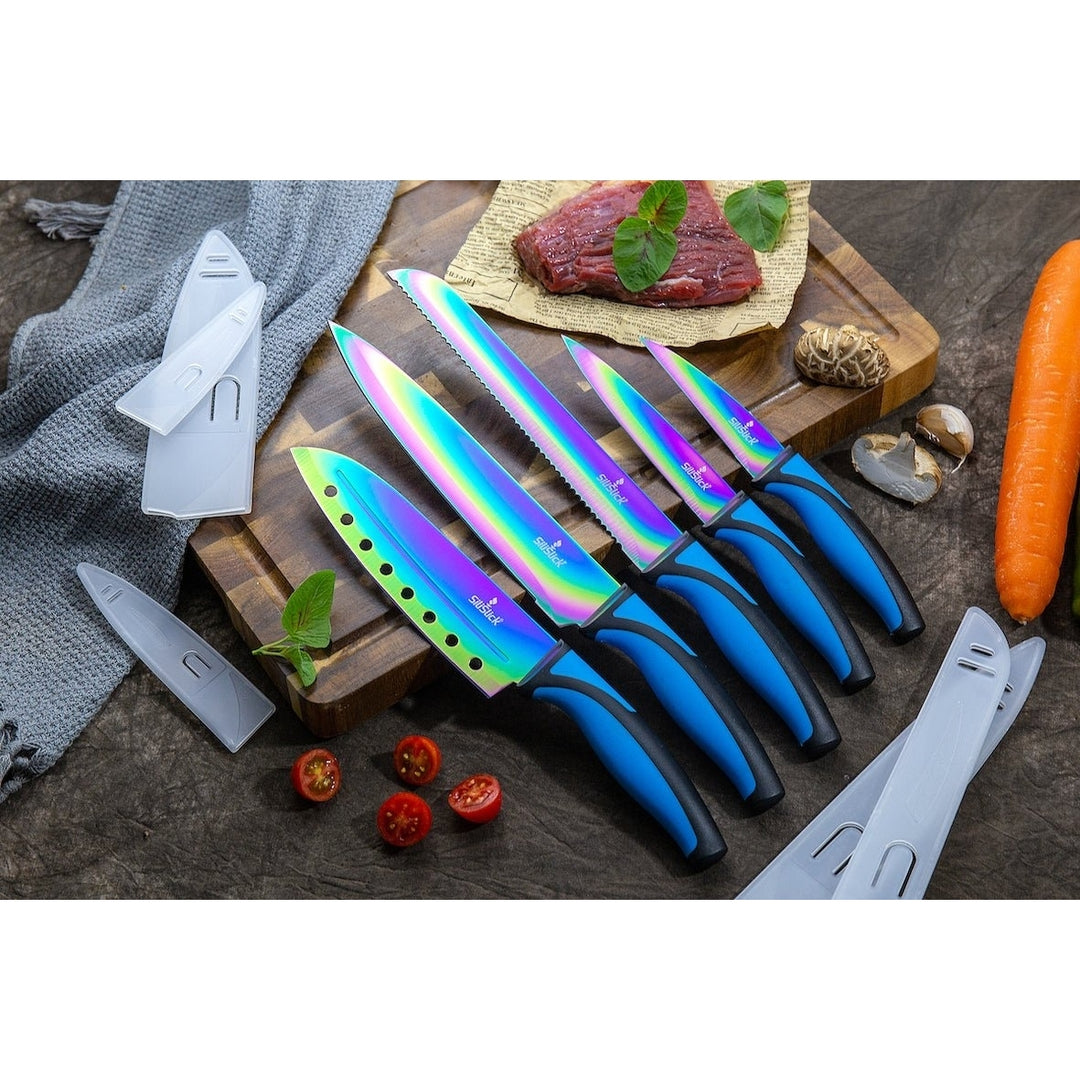 SiliSlick Stainless Steel Knife Set Blue Handle Titanium Coated Utility and Chef Image 3