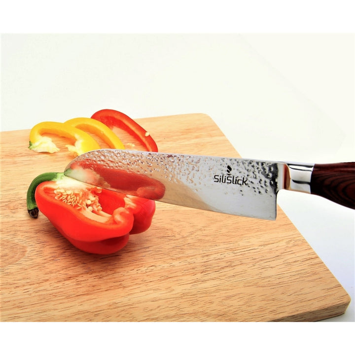 SiliSlick 7.25" VG10 Damascus Steel Santoku Knife Hammered Surface High Carbon Image 9