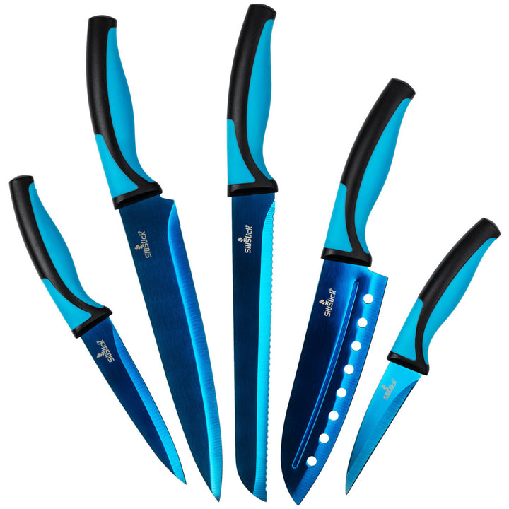 SiliSlick Stainless Steel Knife Set Blue Handle Titanium Coated Kitchen Utility Image 1