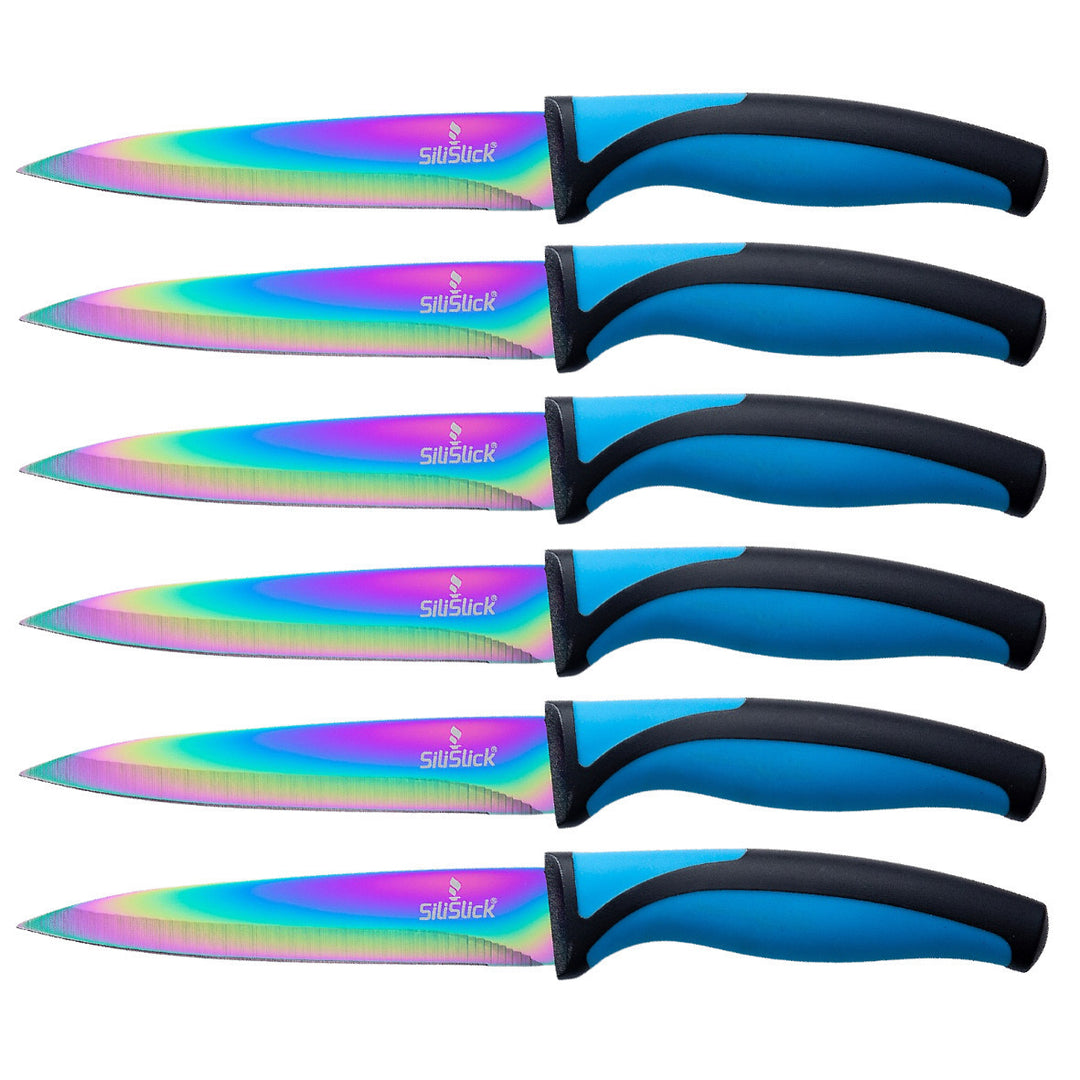 SiliSlick Stainless Steel Steak Knife Set of 6 Rainbow Iridescent Blue Handles Image 1