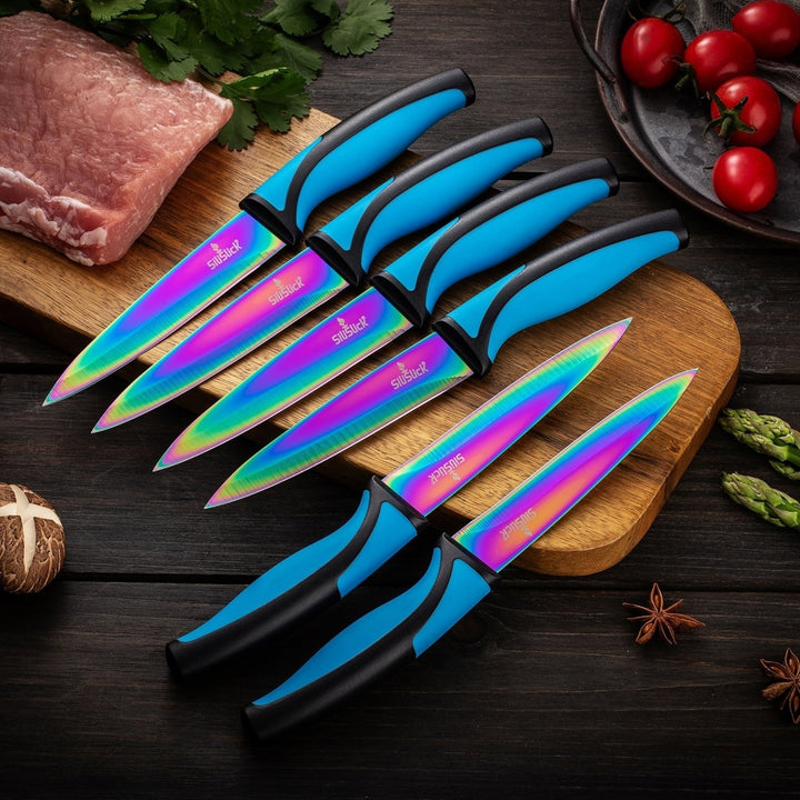 SiliSlick Stainless Steel Steak Knife Set of 6 Rainbow Iridescent Blue Handles Image 2