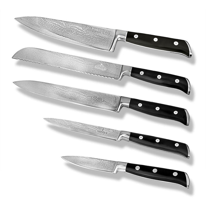 SiliSlick Damascus Etched Full Tang 5 Piece Knife Set Kitchen Cutlery Stainless Steel Image 1