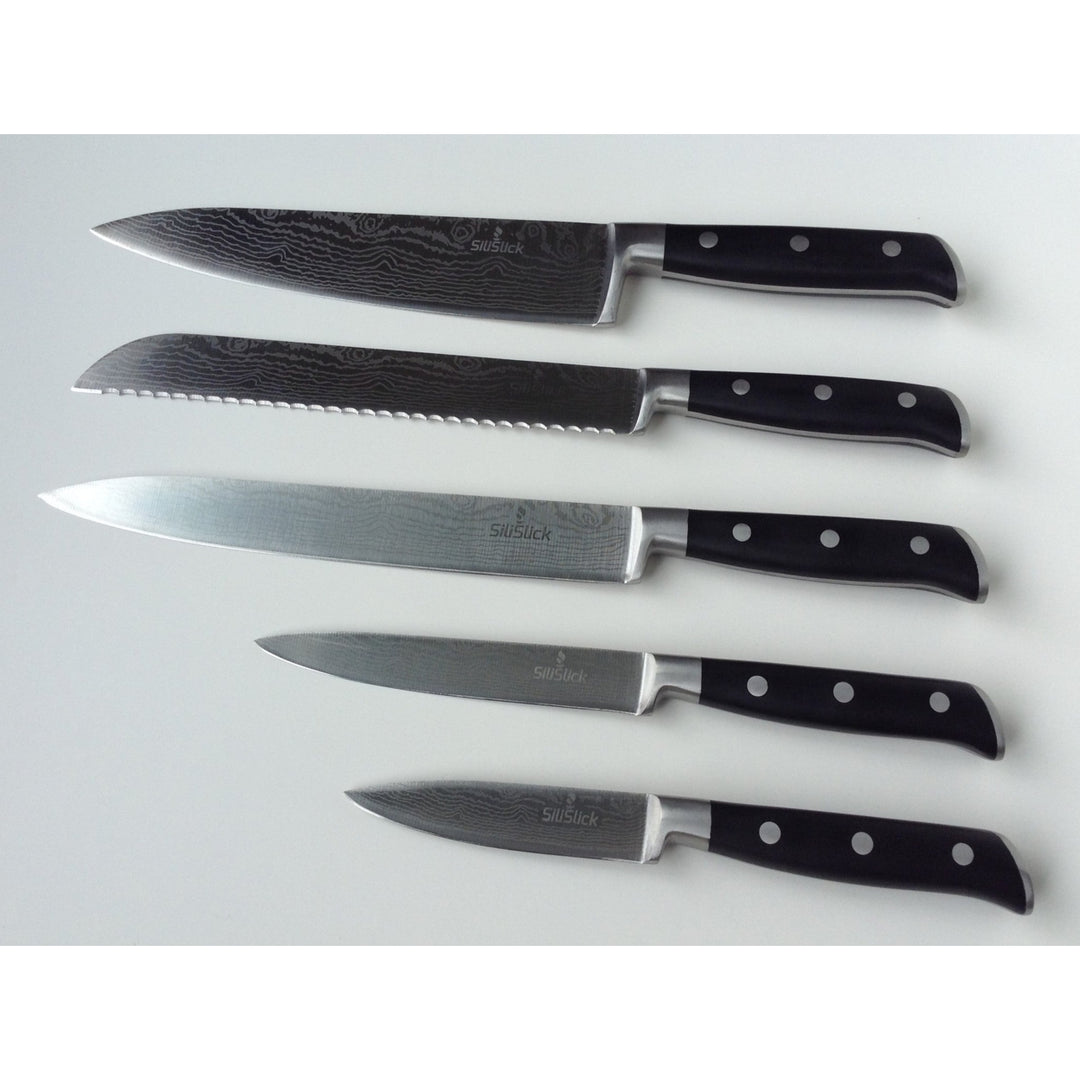 SiliSlick Damascus Etched Full Tang 5 Piece Knife Set Kitchen Cutlery Stainless Steel Image 2