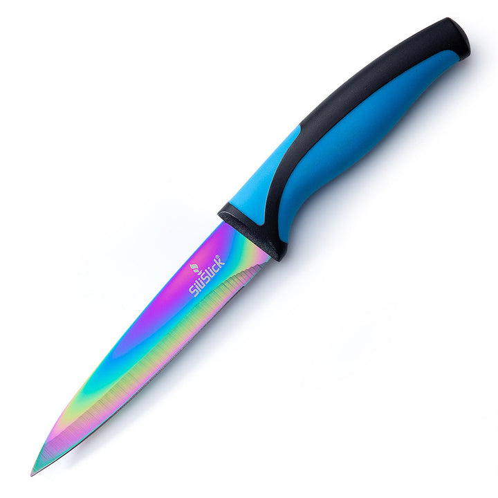 SiliSlick Stainless Steel Steak Knife Set of 6 Rainbow Iridescent Blue Handles Image 7