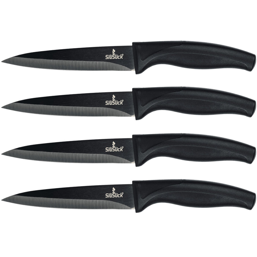 SiliSlick Stainless Steel Steak Knife Set of 4 Black Handle Titanium Coated Image 1