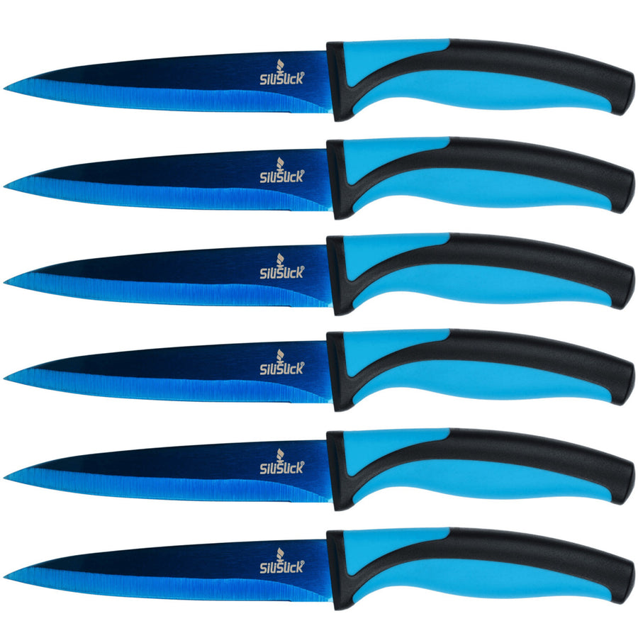 SiliSlick Stainless Steel Steak Knife Set 6 Blue Handle Titanium Coated Blades Image 1