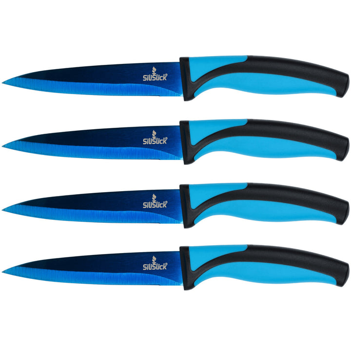 SiliSlick Stainless Steel Steak Knife Set of 4 Blue Handle Non-Stick Blades Image 1