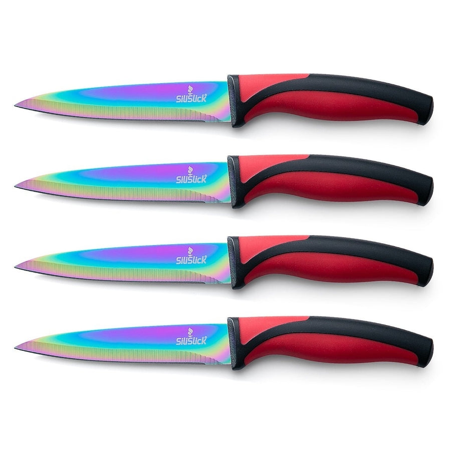 SiliSlick Stainless Steel Steak Knife Set of 4 Red Handle Titanium Coated Image 1