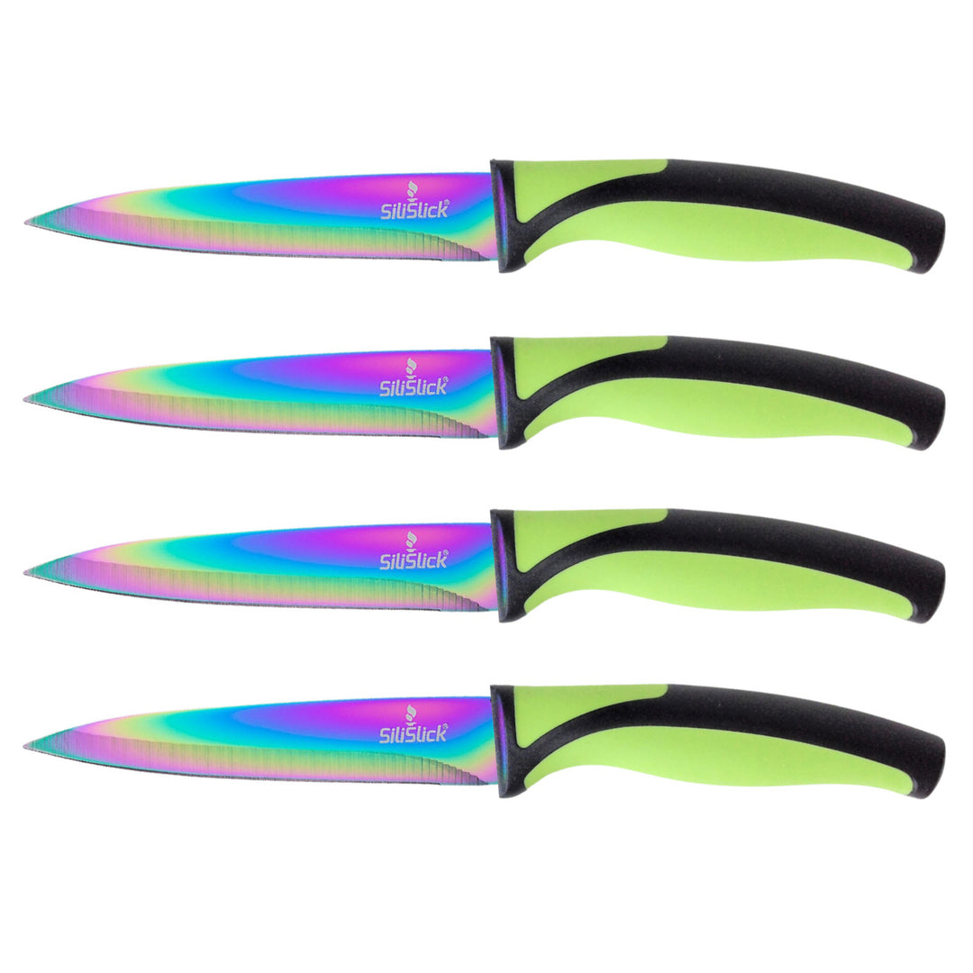 SiliSlick Stainless Steel Steak Knives Green Handle Set of 4 Titanium Coated Image 1