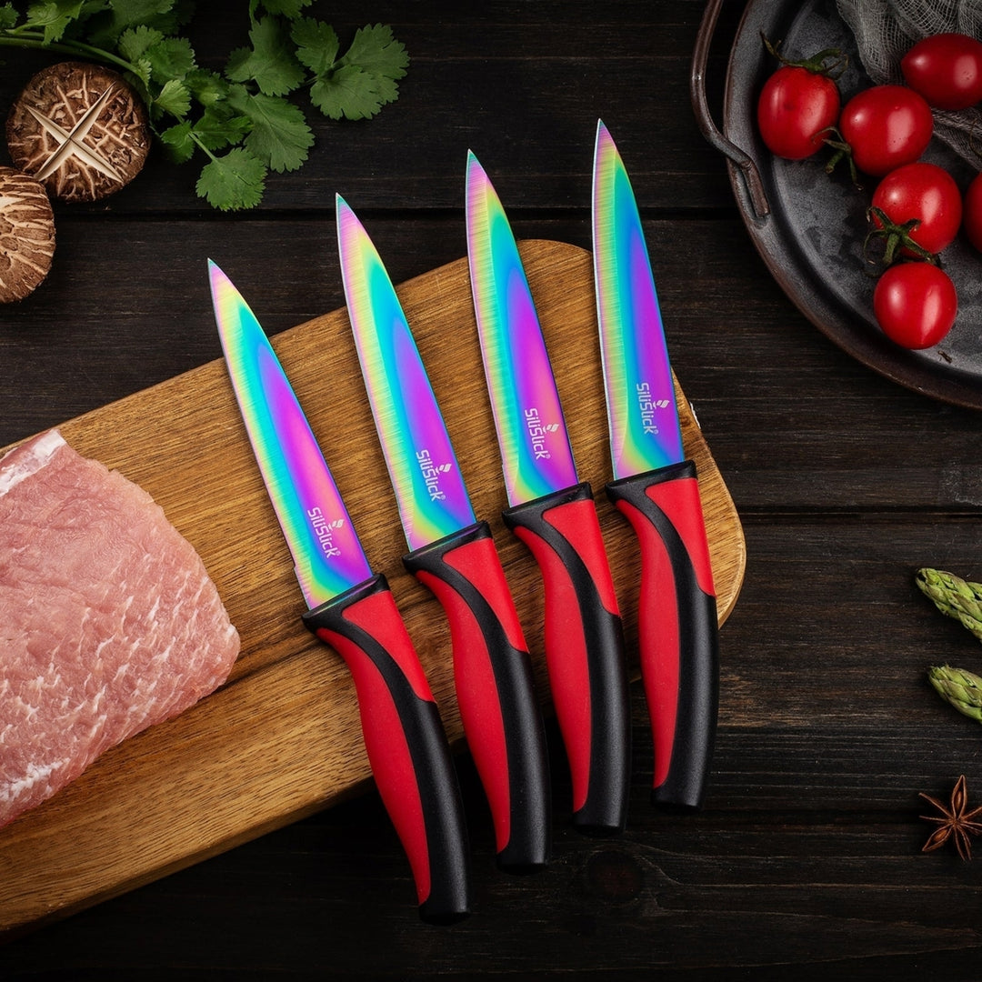 SiliSlick Stainless Steel Steak Knife Set of 4 Red Handle Titanium Coated Image 2