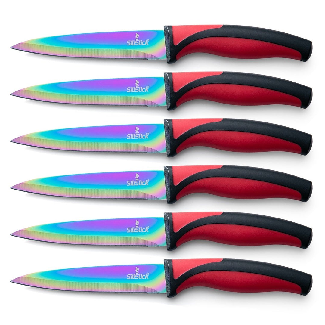 SiliSlick Stainless Steel Steak Knife Set 6 Rainbow Handles Non-Stick Blades Image 1