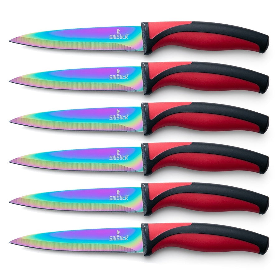 SiliSlick Stainless Steel Steak Knife Set 6 Rainbow Handles Non-Stick Blades Image 1