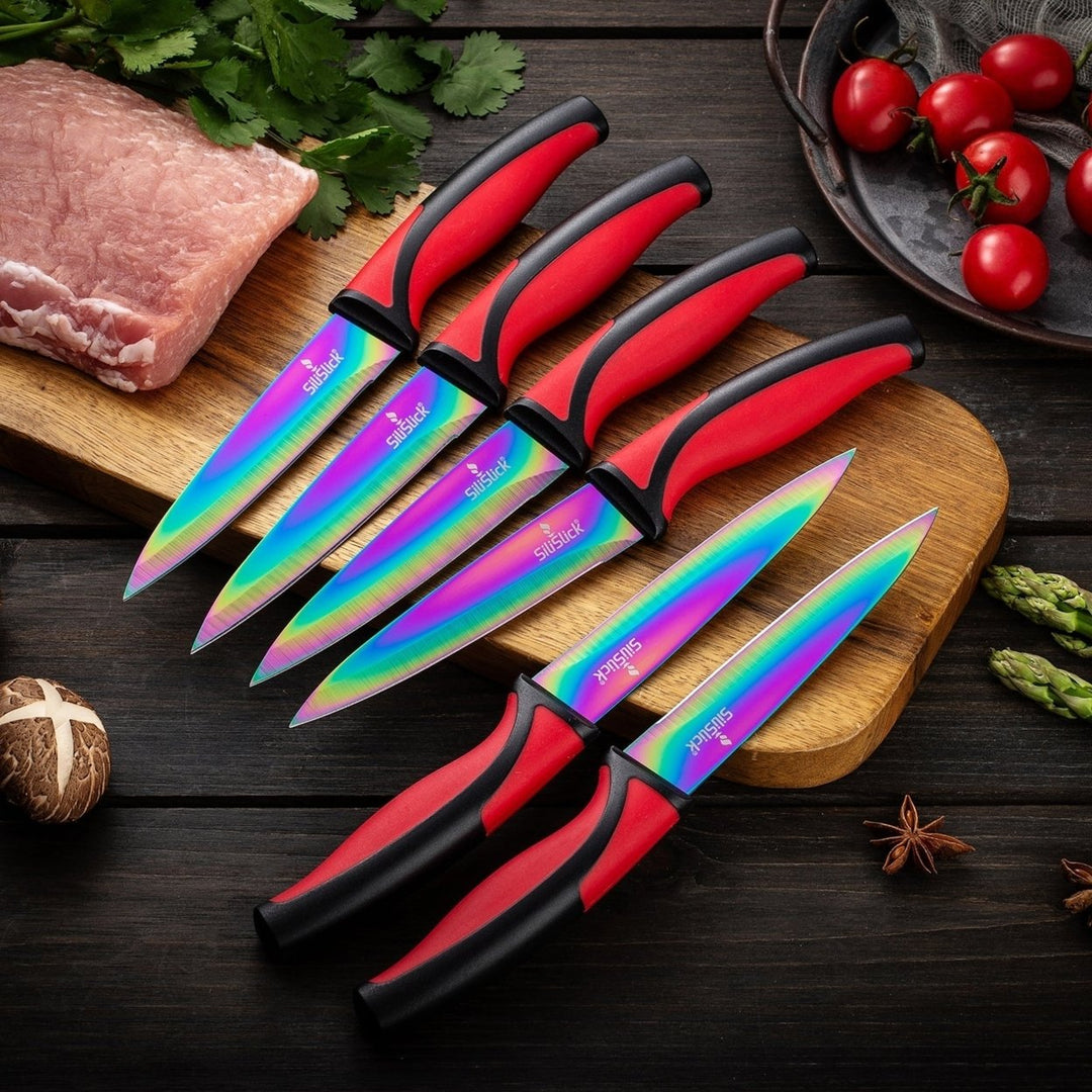 SiliSlick Stainless Steel Steak Knife Set 6 Rainbow Handles Non-Stick Blades Image 2