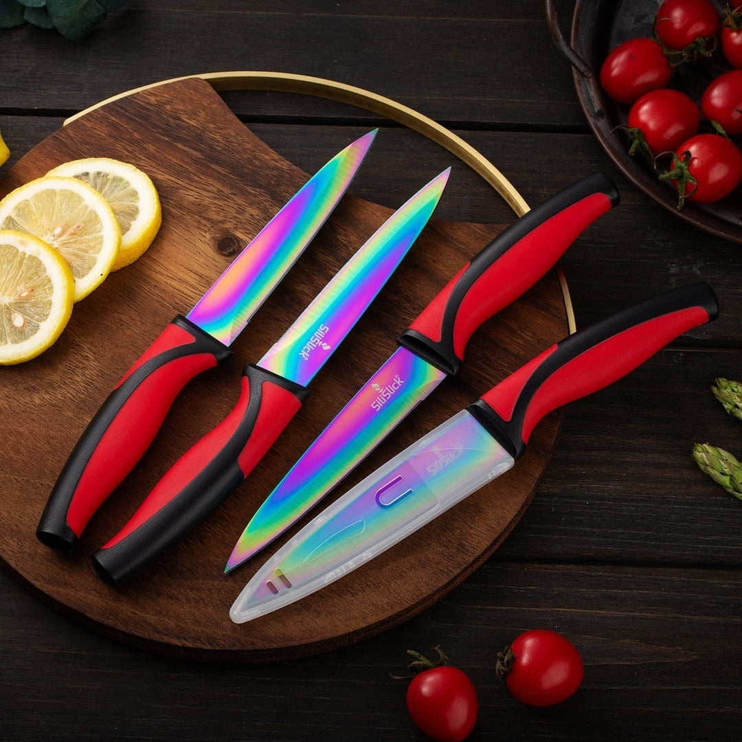 SiliSlick Stainless Steel Steak Knife Set of 4 Red Handle Titanium Coated Image 9