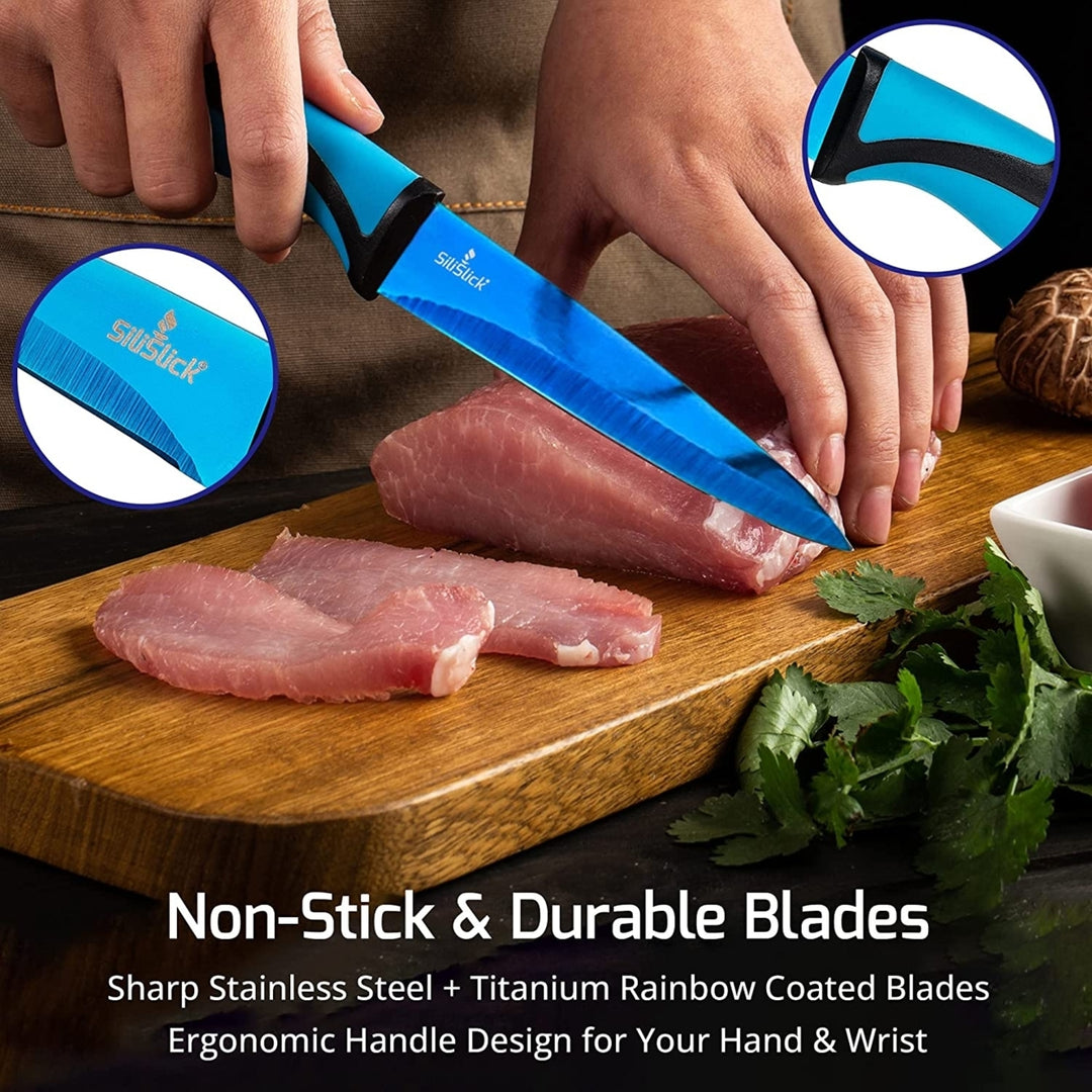 SiliSlick Stainless Steel Steak Knife Set of 4 Blue Handle Non-Stick Blades Image 2