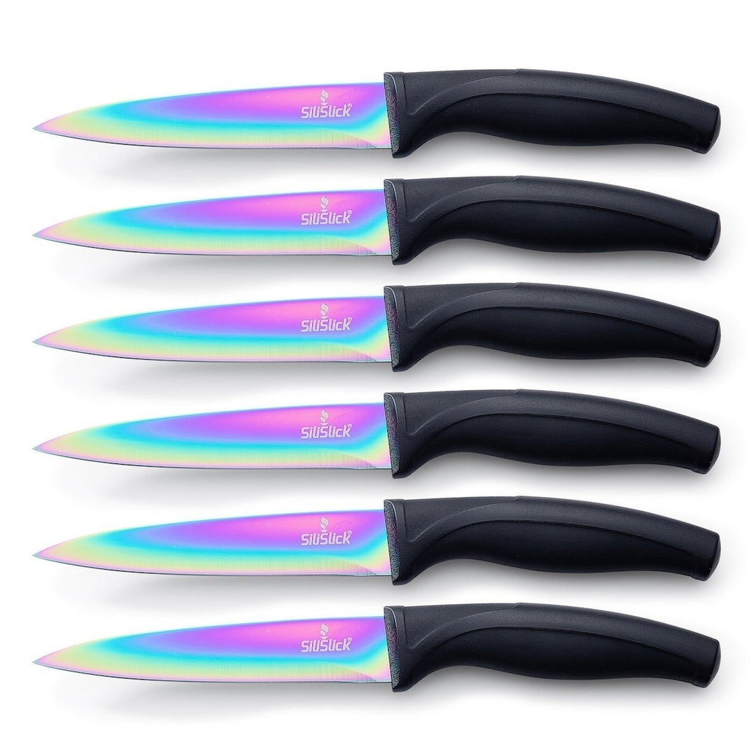 SiliSlick Stainless Steel Steak Knife Set 6 Rainbow Iridescent Black Handle Image 1