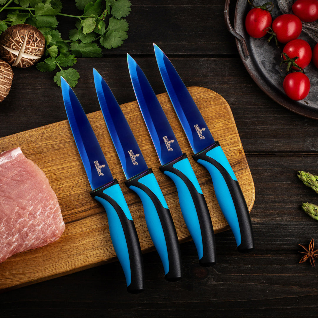 SiliSlick Stainless Steel Steak Knife Set of 4 Blue Handle Non-Stick Blades Image 4