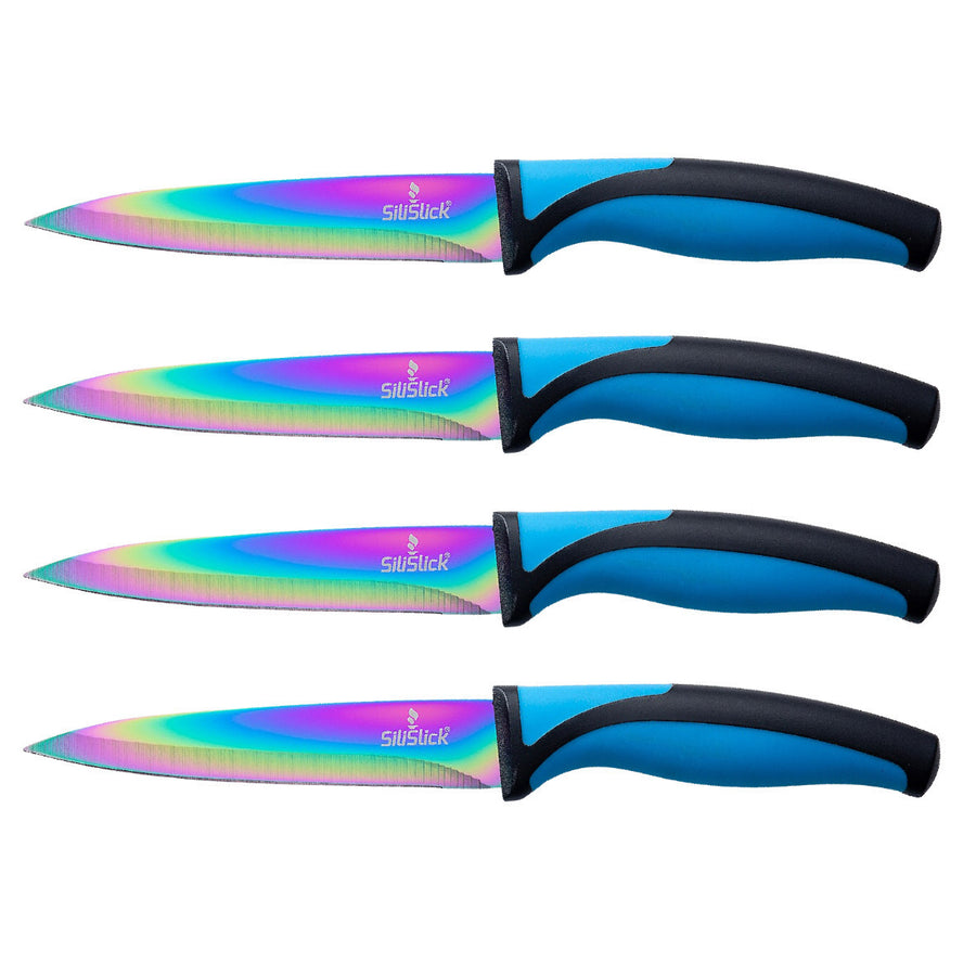 SiliSlick Steak Knife Set of 4 Blue Handle Stainless Steel Titanium Coated Image 1