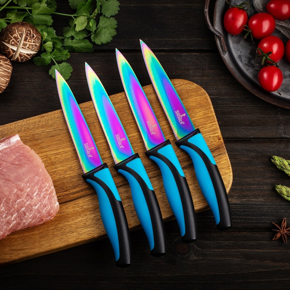 SiliSlick Steak Knife Set of 4 Blue Handle Stainless Steel Titanium Coated Image 2