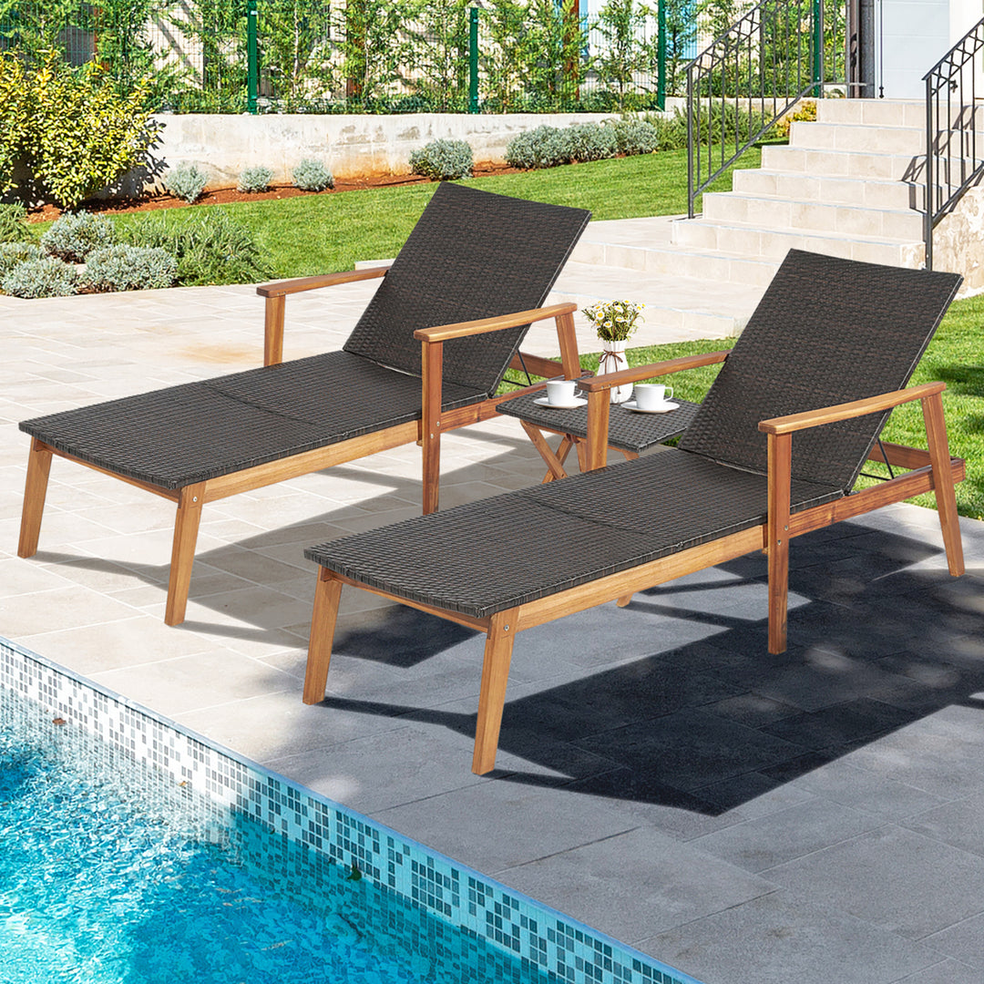 3PCS Patio Rattan Lounge Chair Chaise Set Wooden Frame Folding Table Image 1