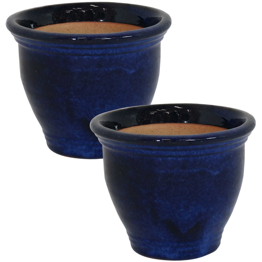 Sunnydaze 9 in Studio Glazed Ceramic Planter - Imperial Blue - Set of 2 Image 1