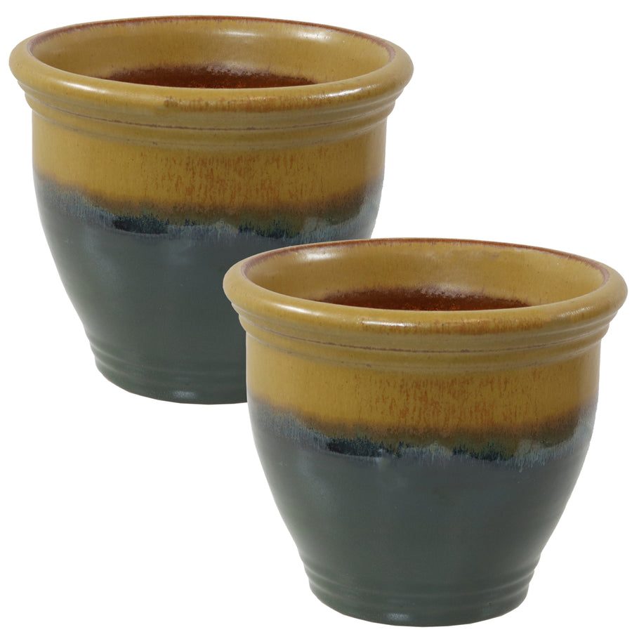 Sunnydaze 9 in Studio Glazed Ceramic Planter - Forest Lake Green - Set of 2 Image 1