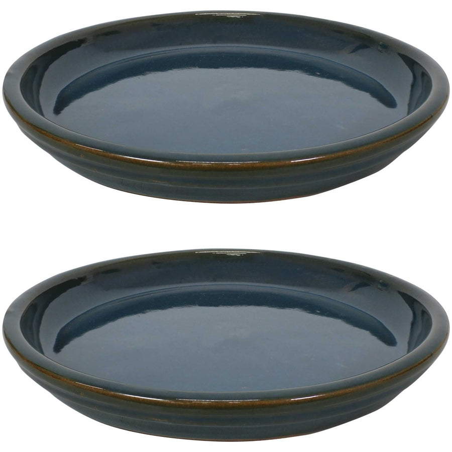 Sunnydaze 12 in Ceramic Flower Pot/Plant Saucer - Dark Green - Set of 2 Image 1