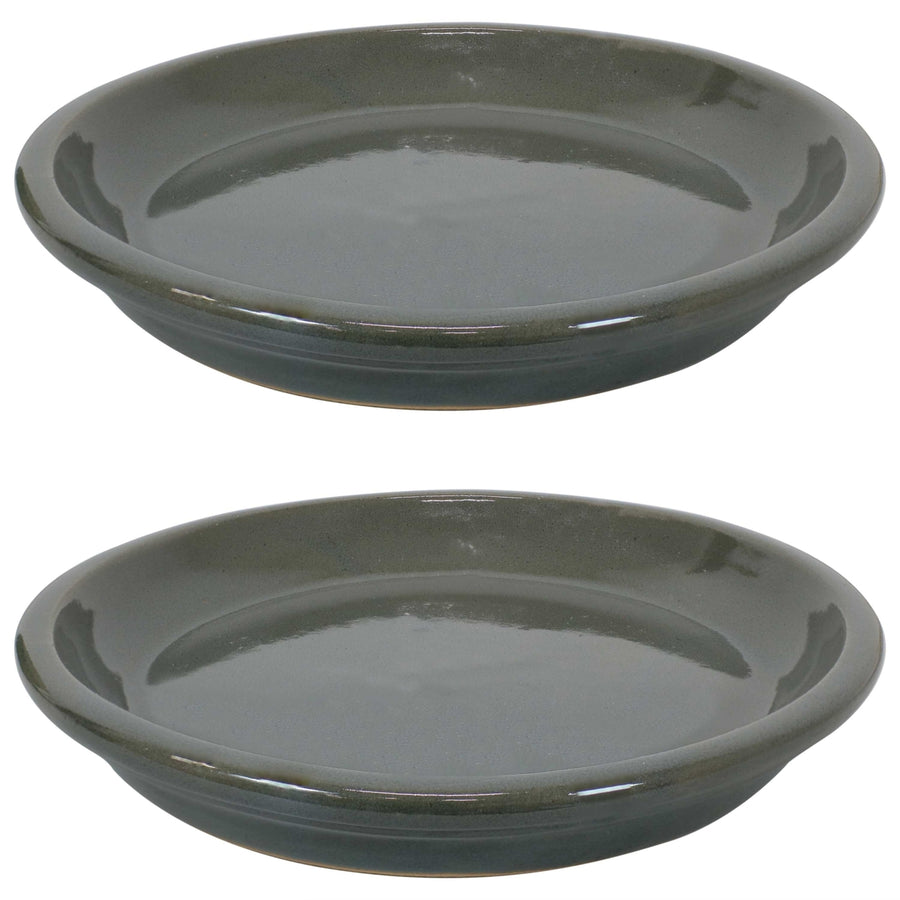 Sunnydaze 9 in Glazed Ceramic Flower Pot/Plant Saucer - Gray - Set of 2 Image 1