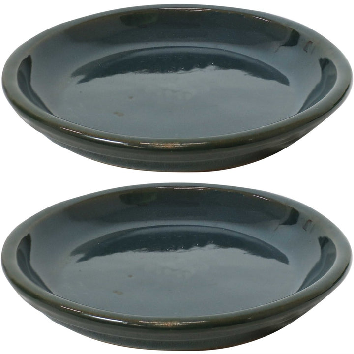 Sunnydaze 7 in Ceramic Flower Pot/Plant Saucer - Dark Green - Set of 2 Image 1