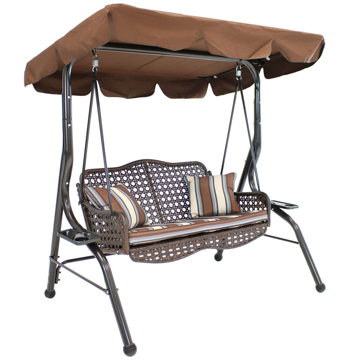 Sunnydaze 2-Person Steel Patio Swing Bench with Canopy/Cushion - Brown Image 1