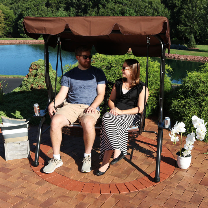 Sunnydaze 2-Person Steel Patio Swing Bench with Canopy/Cushion - Brown Image 7