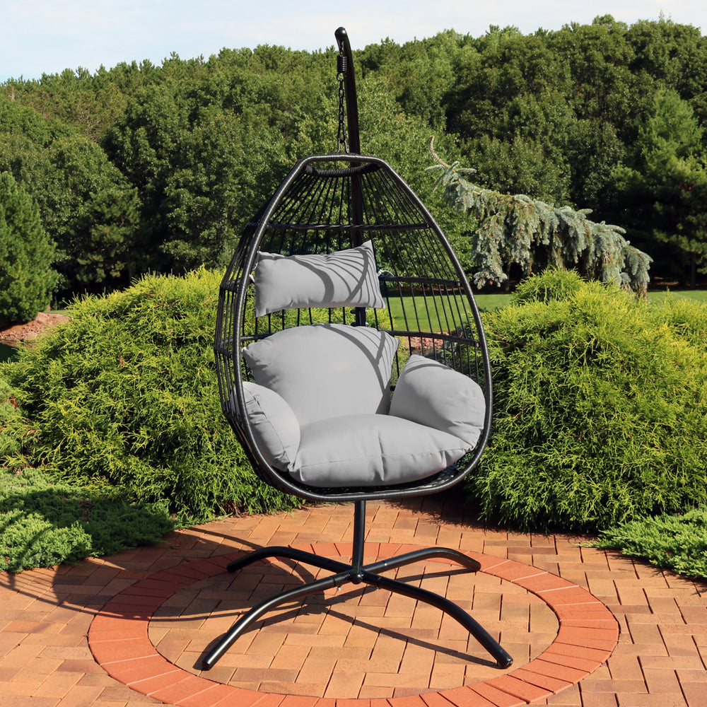 Resin Wicker Hanging Egg Chair with Steel Stand/Cushions - Gray by Sunnydaze Image 2