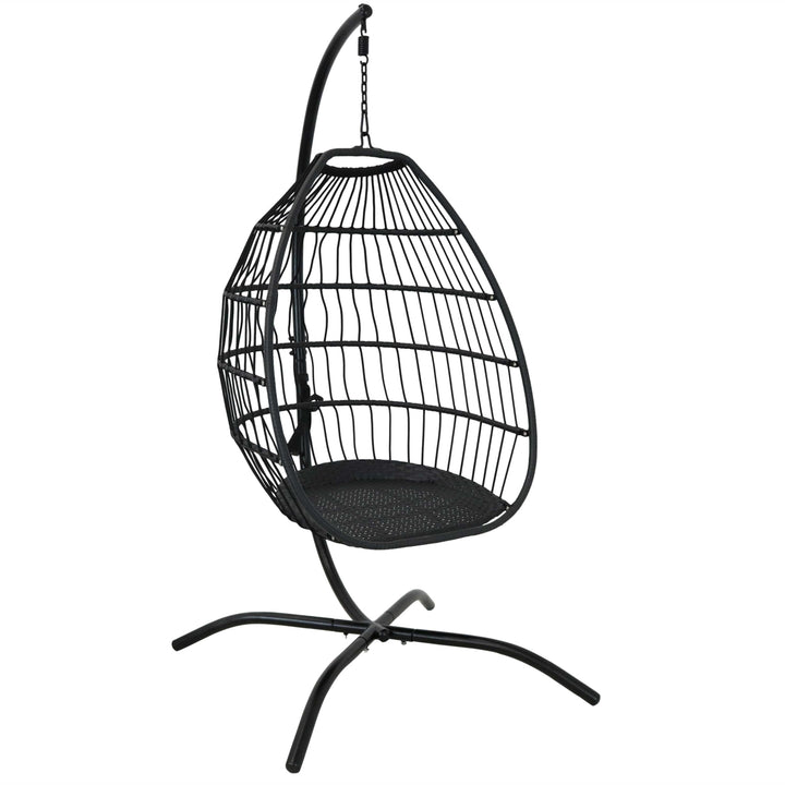 Resin Wicker Hanging Egg Chair with Steel Stand/Cushions - Gray by Sunnydaze Image 8