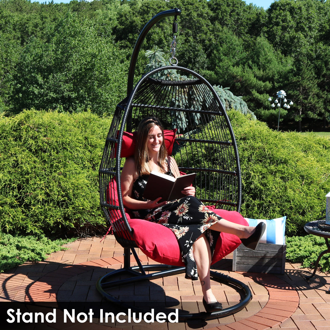 Sunnydaze Black Polyethylene Wicker Hanging Egg Chair with Cushions - Red Image 8