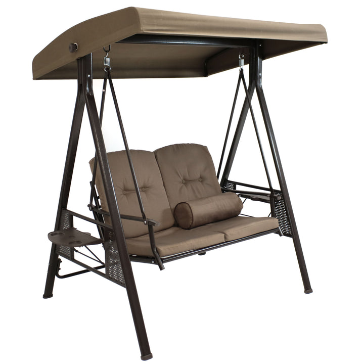 Sunnydaze 2-Person Adjustable Steel Swing Bench with Canopy/Cushion - Beige Image 1