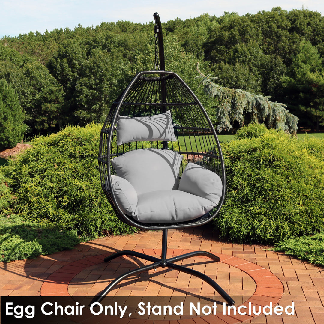 Sunnydaze Black Resin Wicker Hanging Egg Chair with Cushions - Gray Image 7