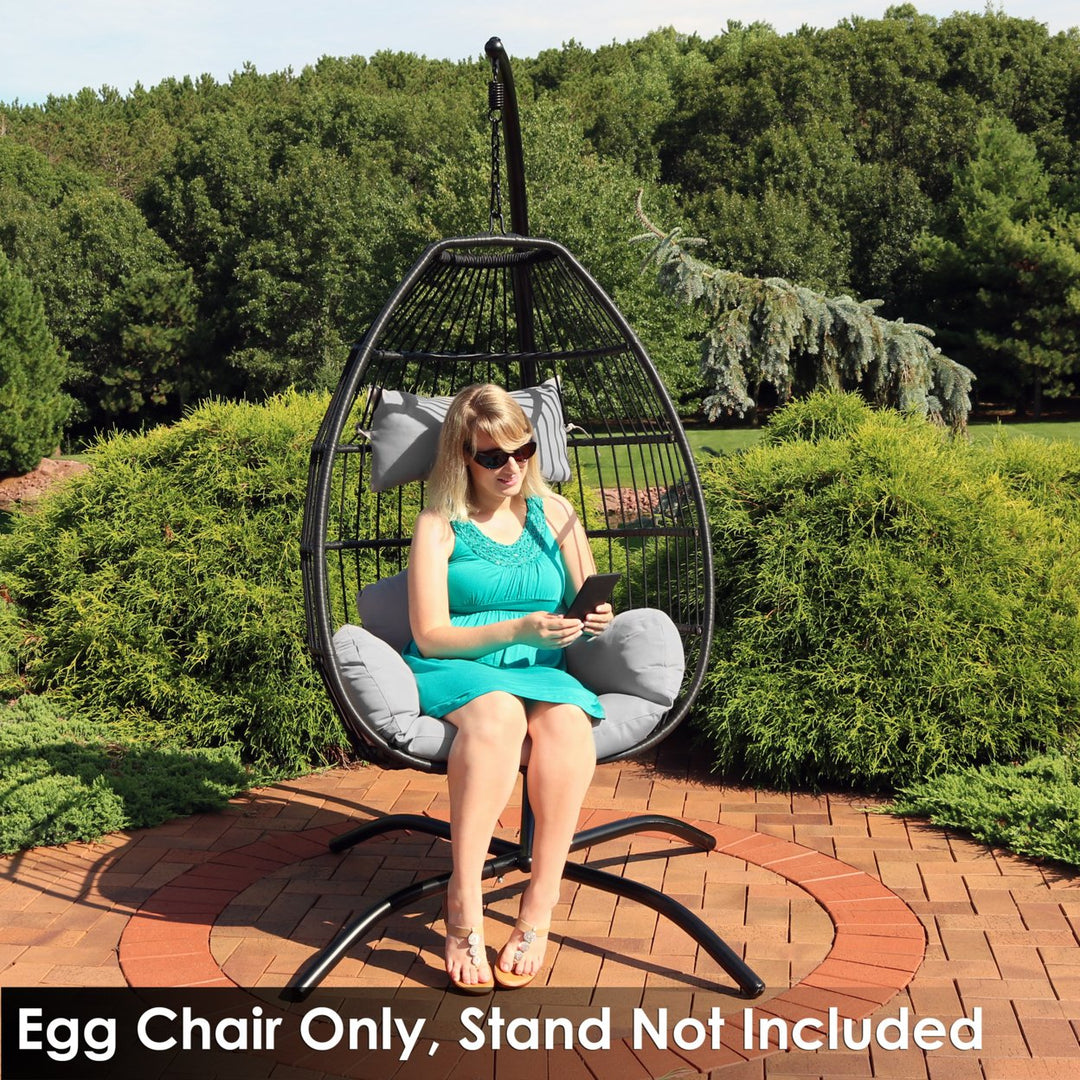 Sunnydaze Black Resin Wicker Hanging Egg Chair with Cushions - Gray Image 8