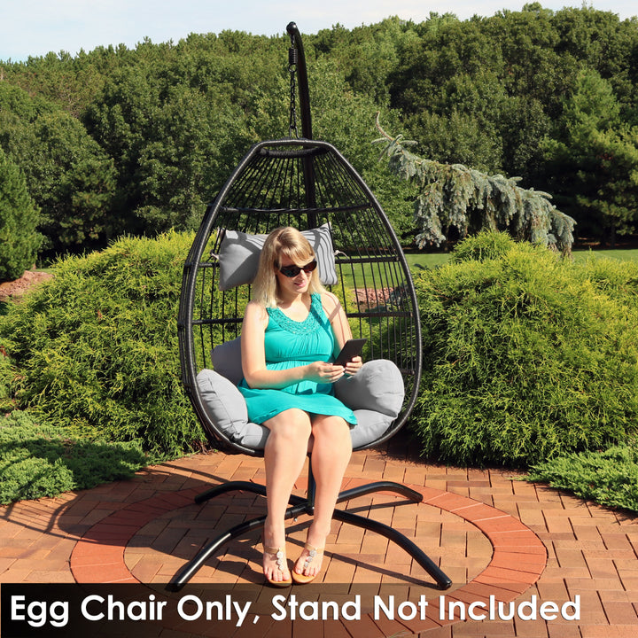 Sunnydaze Black Resin Wicker Hanging Egg Chair with Cushions - Gray Image 9