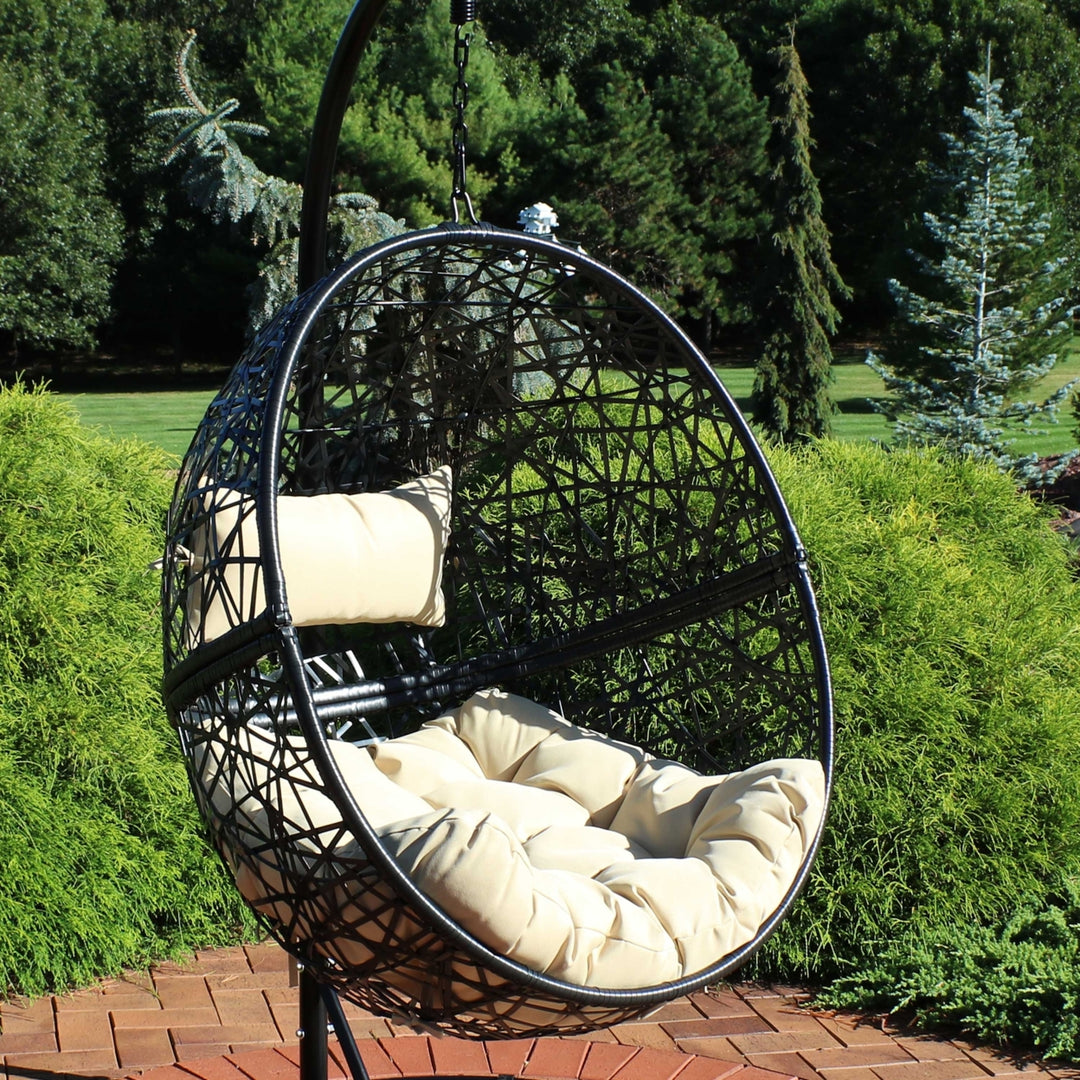 Sunnydaze Black Resin Wicker Round Hanging Egg Chair with Cushions - Yellow Image 4