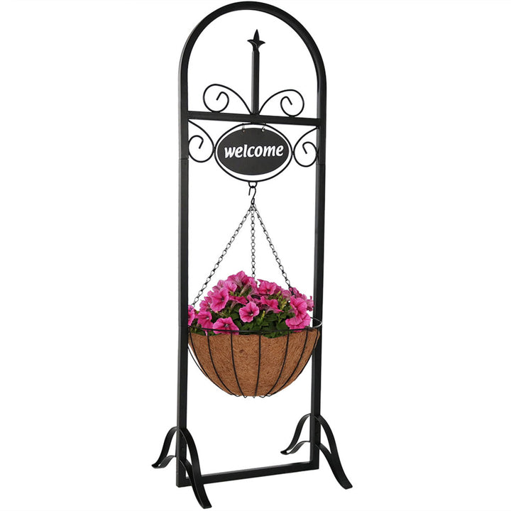 Sunnydaze Black Iron Frame Hanging Basket Planter with Welcome Sign - 48 in Image 1