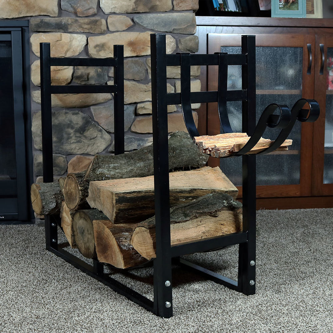 Sunnydaze 33 in Steel Firewood Log Rack with Kindling Holder - Black Image 4