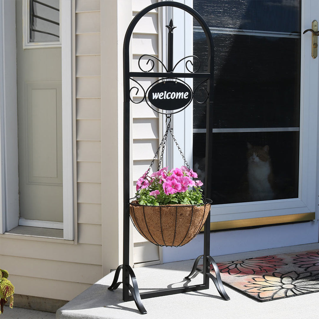 Sunnydaze Black Iron Frame Hanging Basket Planter with Welcome Sign - 48 in Image 4