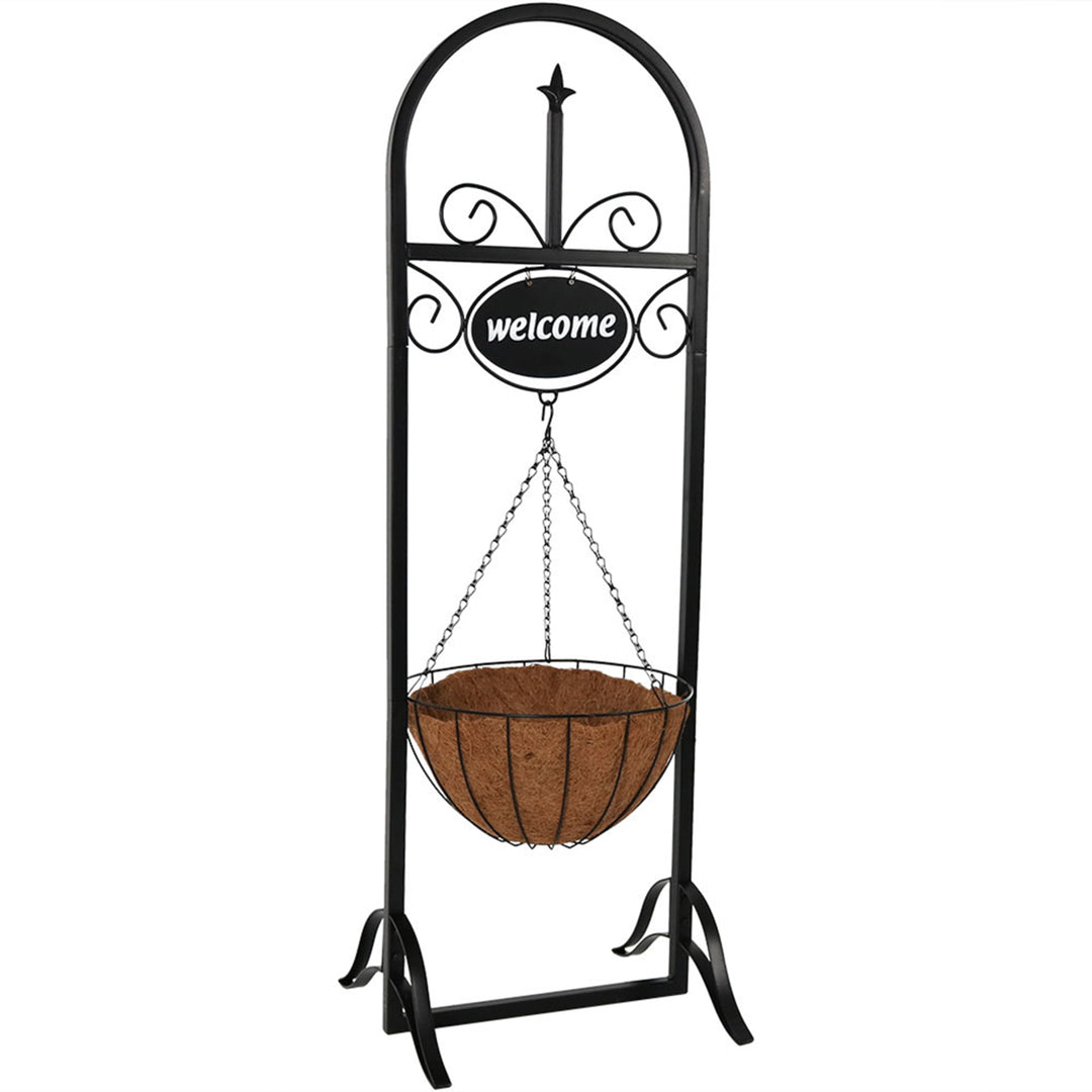 Sunnydaze Black Iron Frame Hanging Basket Planter with Welcome Sign - 48 in Image 5