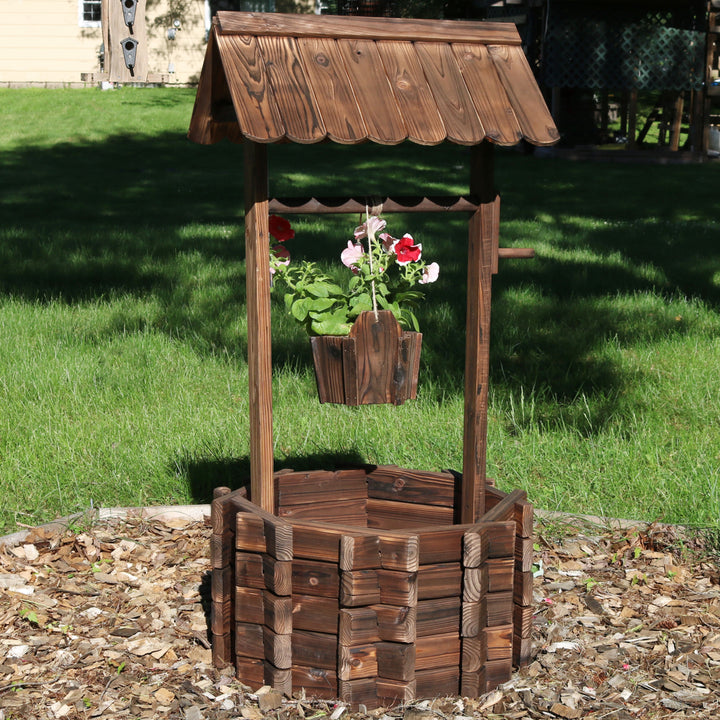 Sunnydaze 45 in 2-Tier Wooden Fir Wishing Well Hanging Garden Planter Image 2