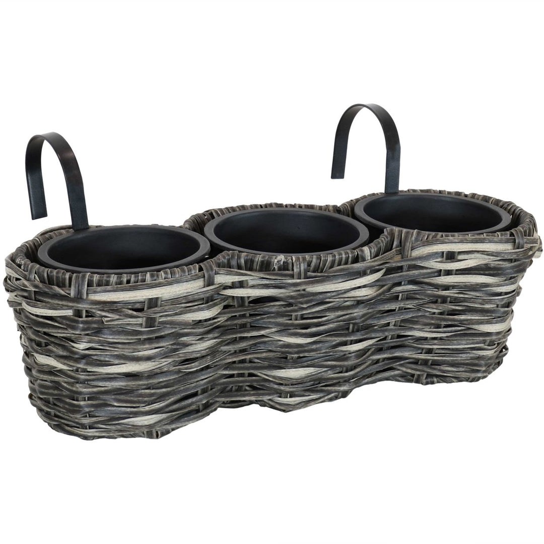 Sunnydaze Polyrattan Hanging Over-the-Rail Tri-Planter and Liner - Charcoal Image 1