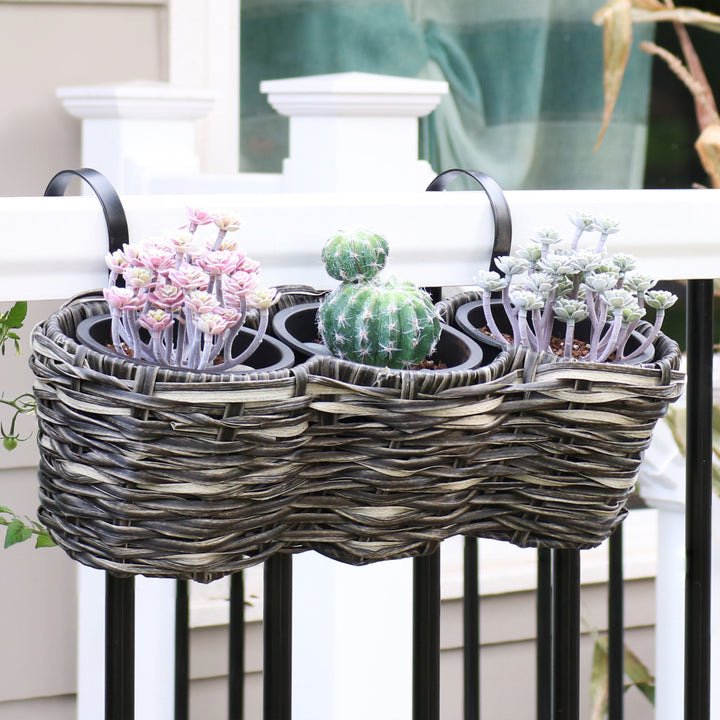 Sunnydaze Polyrattan Hanging Over-the-Rail Tri-Planter and Liner - Charcoal Image 4