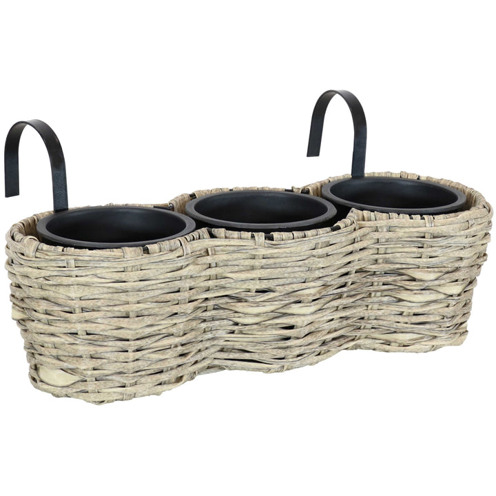 Sunnydaze Polyrattan Hanging Over-the-Rail Tri-Planter and Liner - Frost Image 1