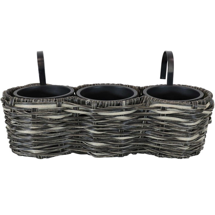 Sunnydaze Polyrattan Hanging Over-the-Rail Tri-Planter and Liner - Charcoal Image 8