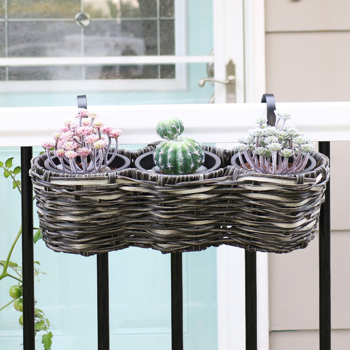 Sunnydaze Polyrattan Hanging Over-the-Rail Tri-Planter and Liner - Charcoal Image 5